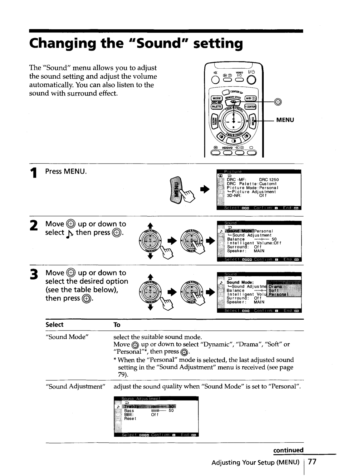 Sony KV-HR36, KV-HR32 manual Changing the Sound setting, Select 