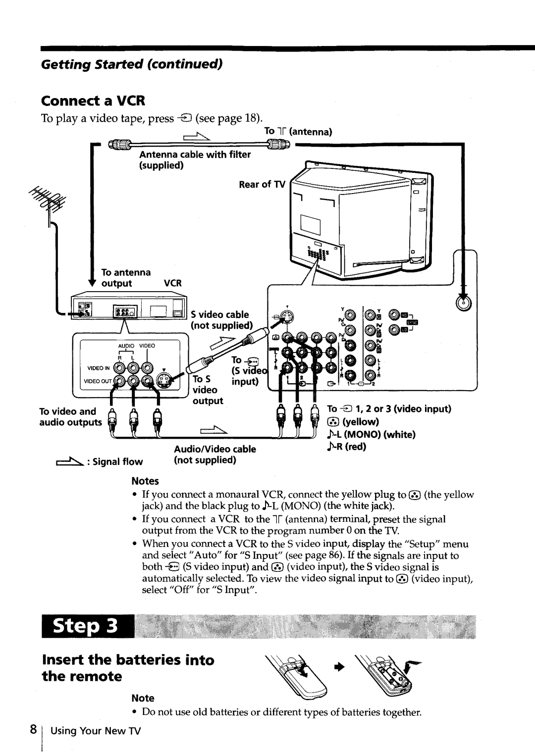 Sony KV-HR32 Connect a VCR, Insert the batteries into the remote, Getting Started, To playa video tape, press -EJ see 