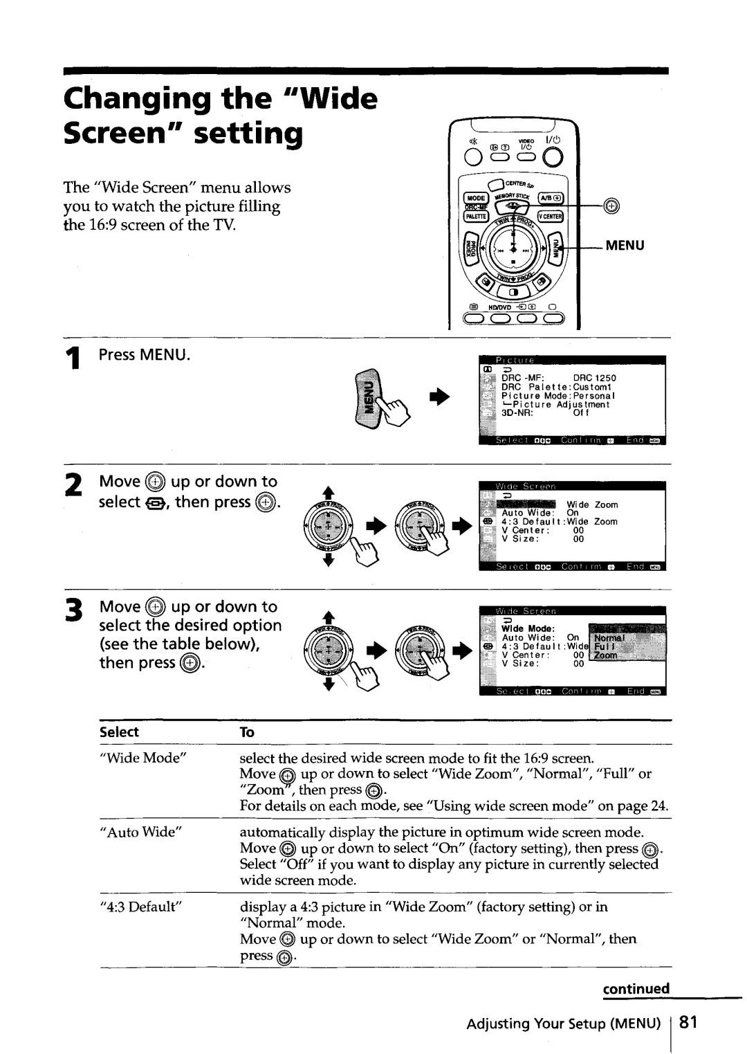 Sony KV-HR36, KV-HR32 manual Changing the ··Wide Screen·· setting 