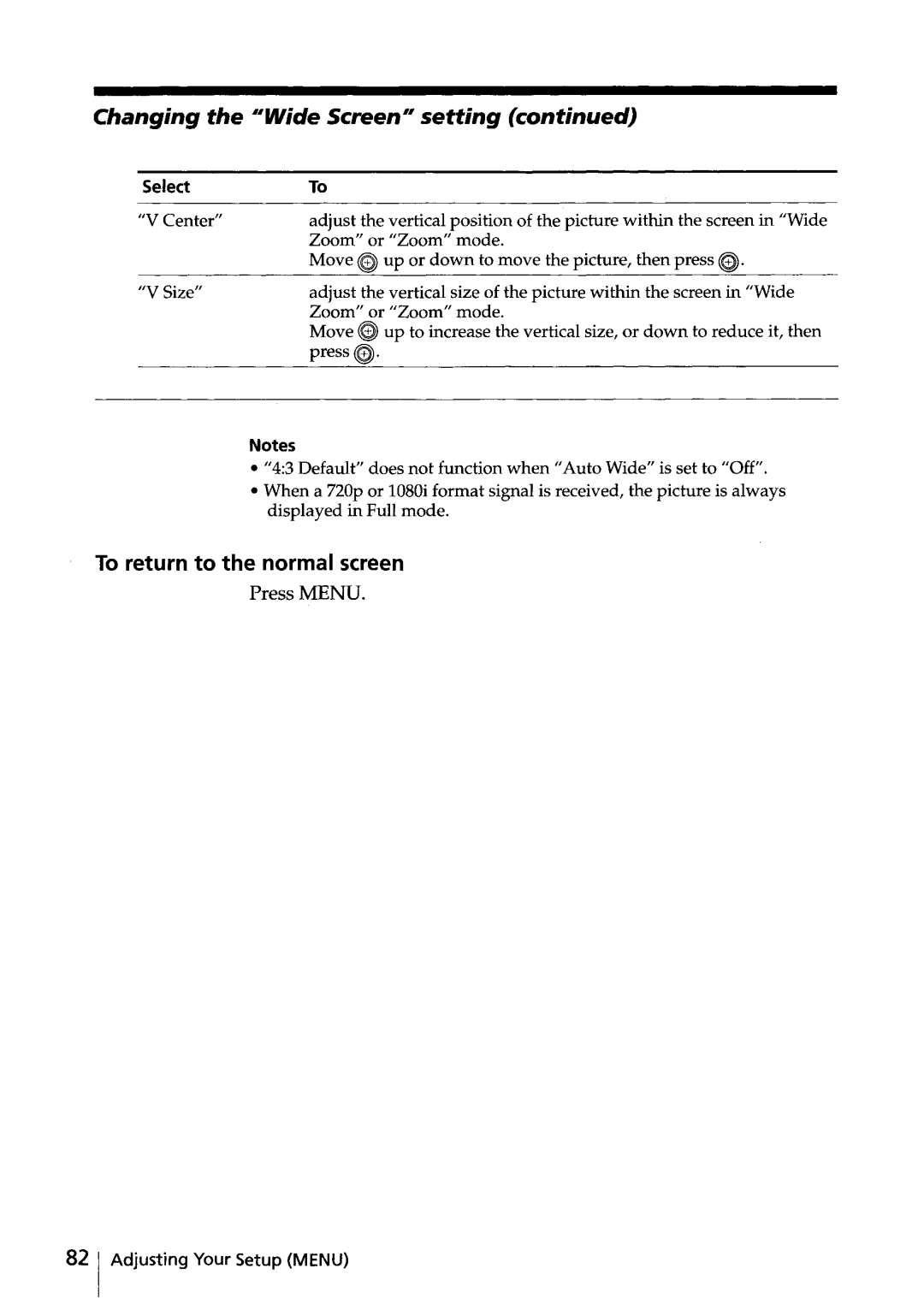 Sony KV-HR32, KV-HR36 manual Changing the IIWide Screen l l setting, Select 