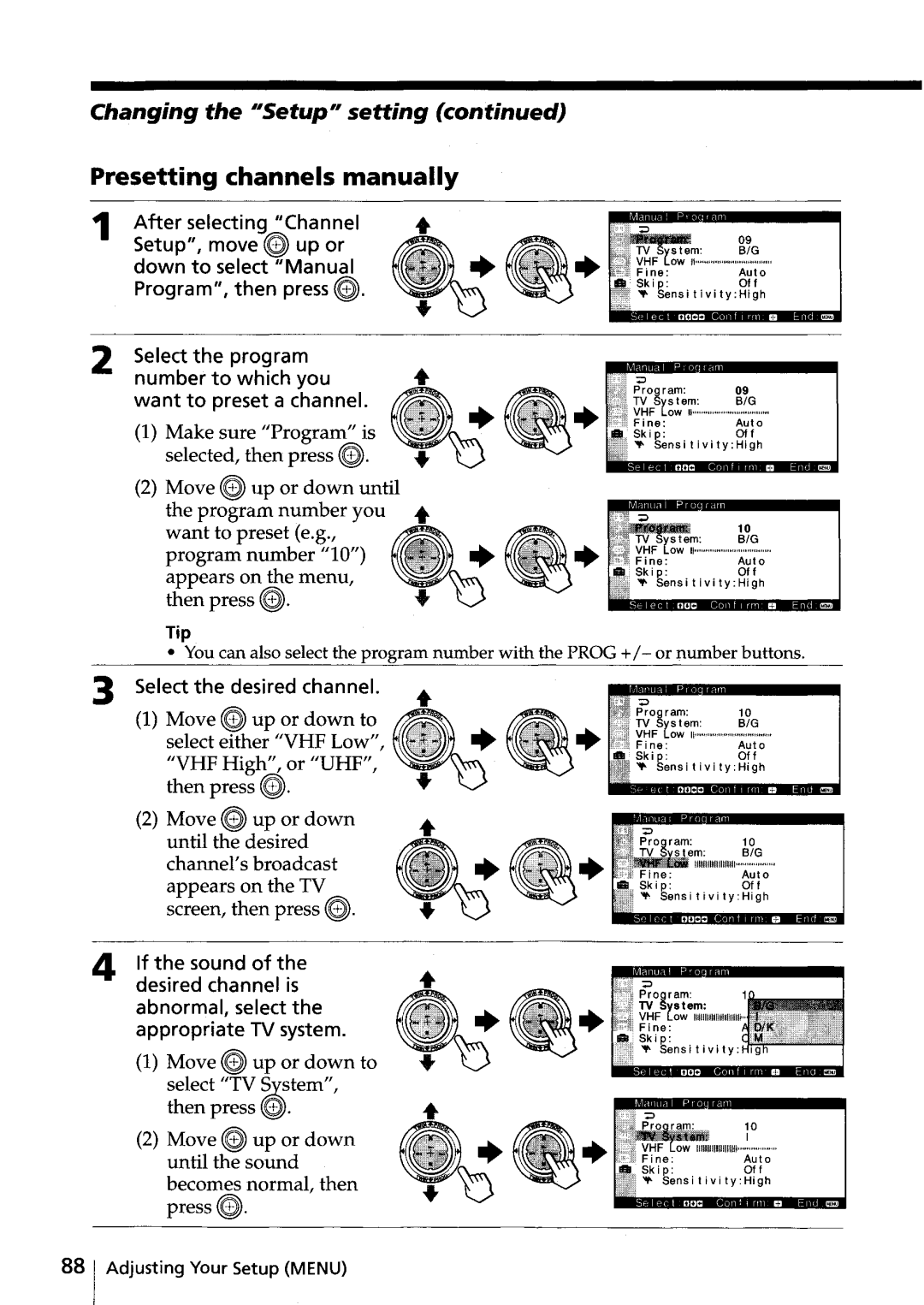 Sony KV-HR32, KV-HR36 Presetting channels manually, Changing the Setup setting 