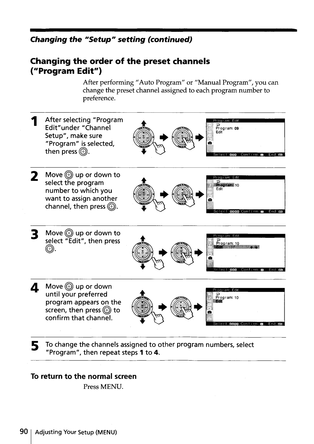 Sony KV-HR32, KV-HR36 manual Changing the order of the preset channels ··Program Edit··, To return to the normal screen 