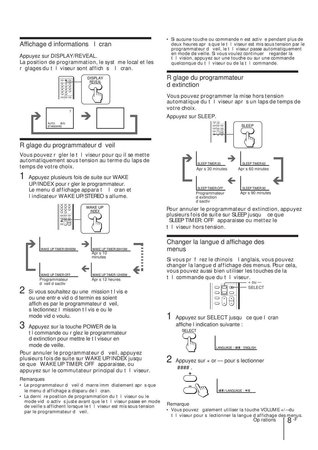 Sony KV-T21, KV-T25, KV-2168 manual Affichage d’informations à l’écran, Réglage du programmateur d’éveil 