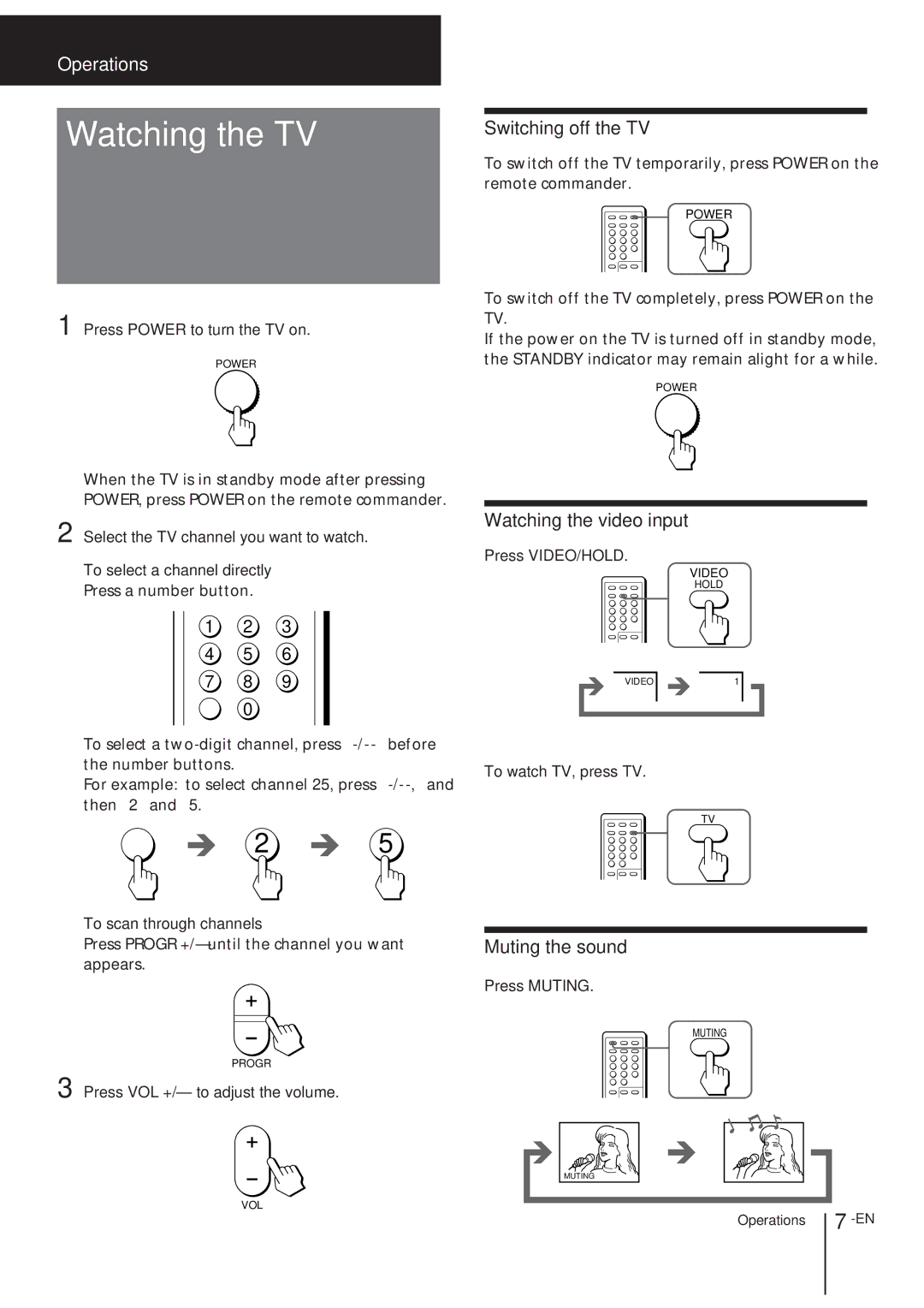 Sony KV-T21, KV-T25, KV-2168 manual Watching the TV, Switching off the TV, Watching the video input, Muting the sound 