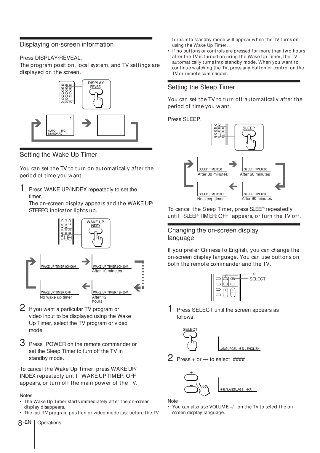 Sony KV-T21, KV-T25, KV-2168 manual Displaying on-screen information, Setting the Wake Up Timer, Setting the Sleep Timer 