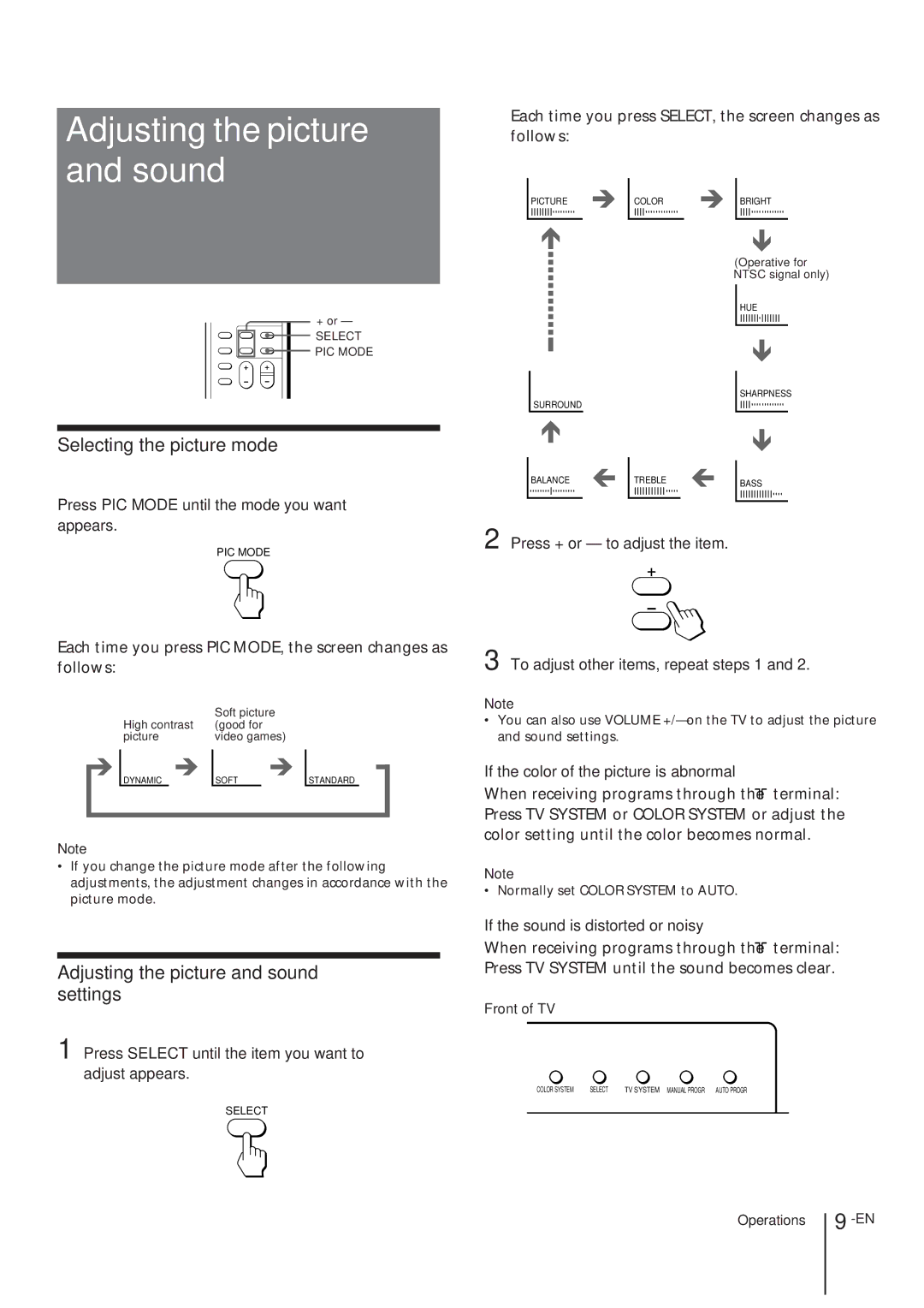 Sony KV-T21, KV-T25, KV-2168 manual Adjusting the picture and sound, Selecting the picture mode 