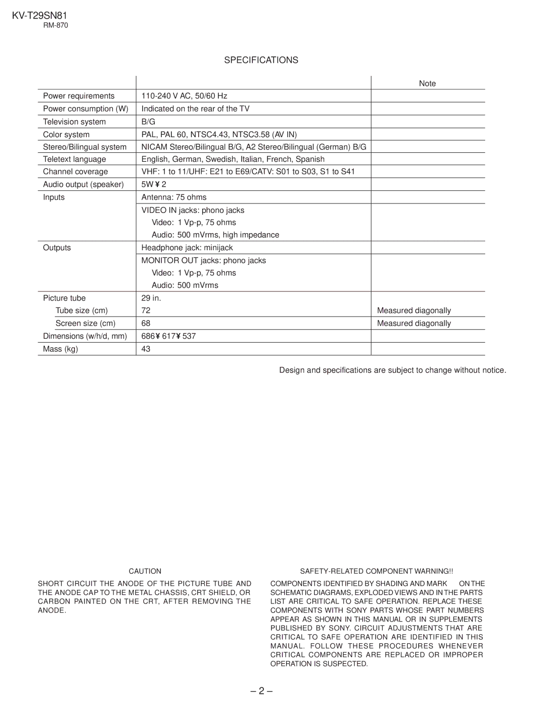 Sony KV-T29SN81 service manual Specifications 