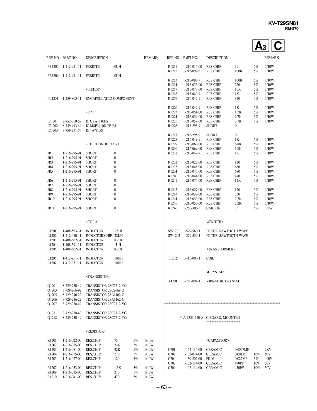 Sony KV-T29SN81 Filter, IC CXA1110BS, IC MSP3410D-PP-B4, JR1, JR2, Short JR3, JR4, JR5, JR6, JR7, Short JR8, JR9 