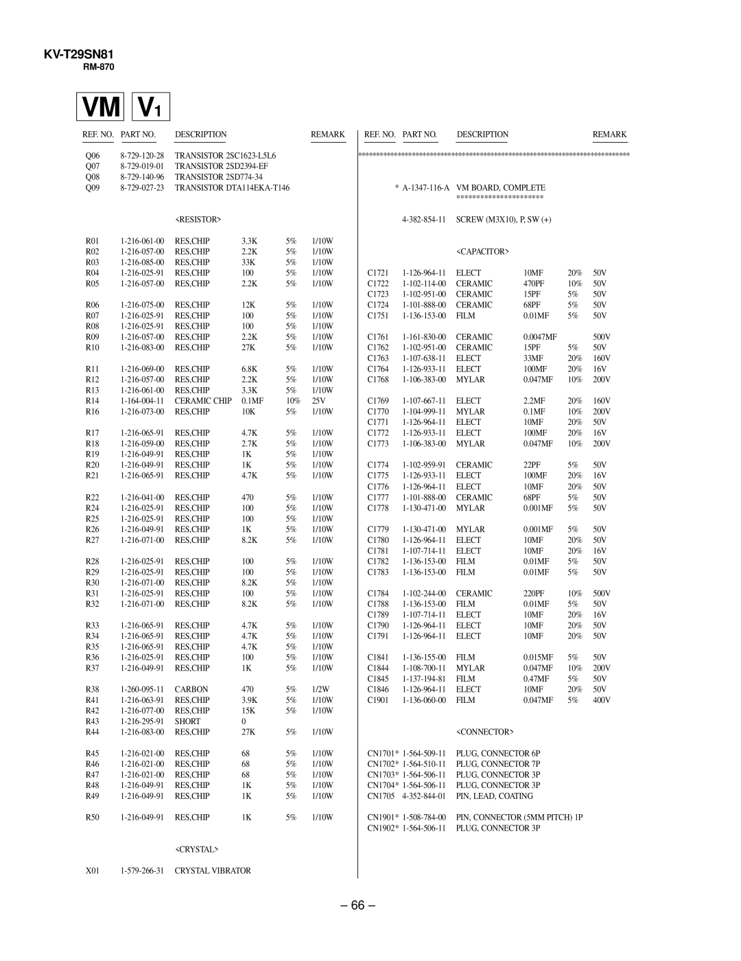 Sony KV-T29SN81 service manual Transistor 2SD774-34, Crystal Vibrator, PLUG, Connector 7P 