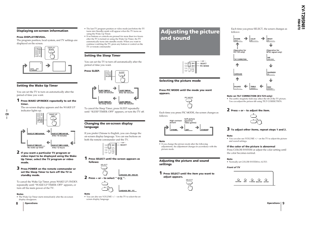 Sony KV-T29SN81 service manual Adjusting the picture and sound 