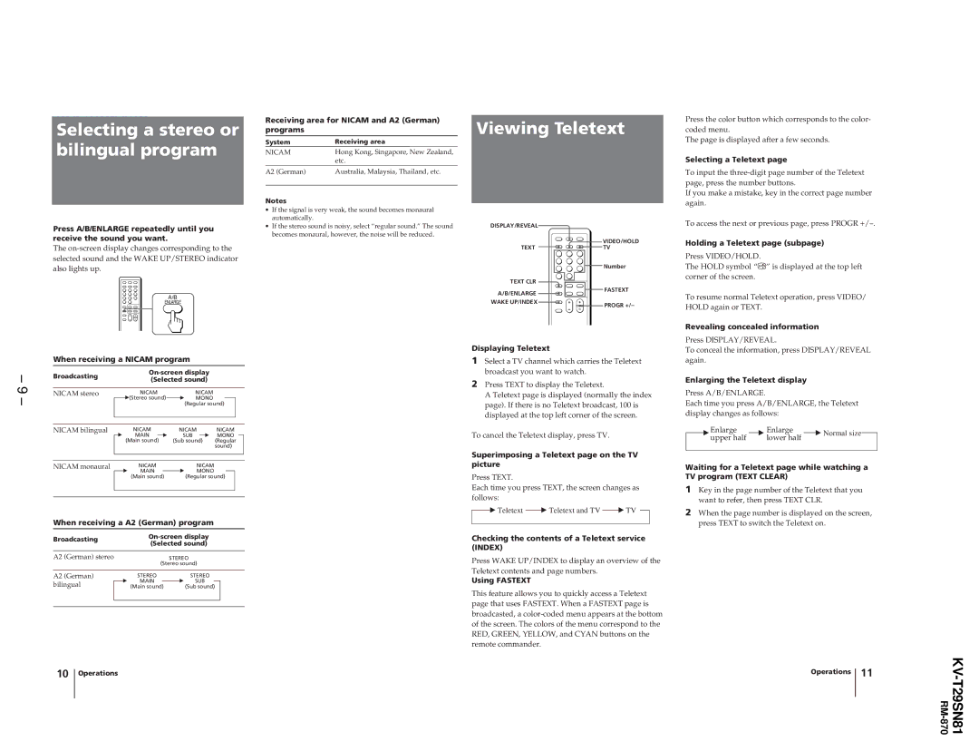 Sony KV-T29SN81 service manual Selecting a stereo or bilingual program 