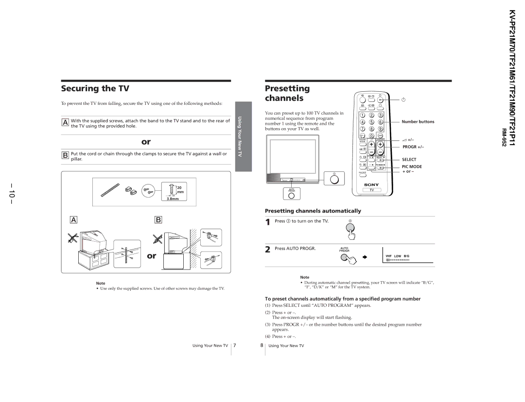 Sony KV-TF21M61, KV-TF21P11, KV-PF21M70 service manual Securing the TV, Presetting channels automatically 