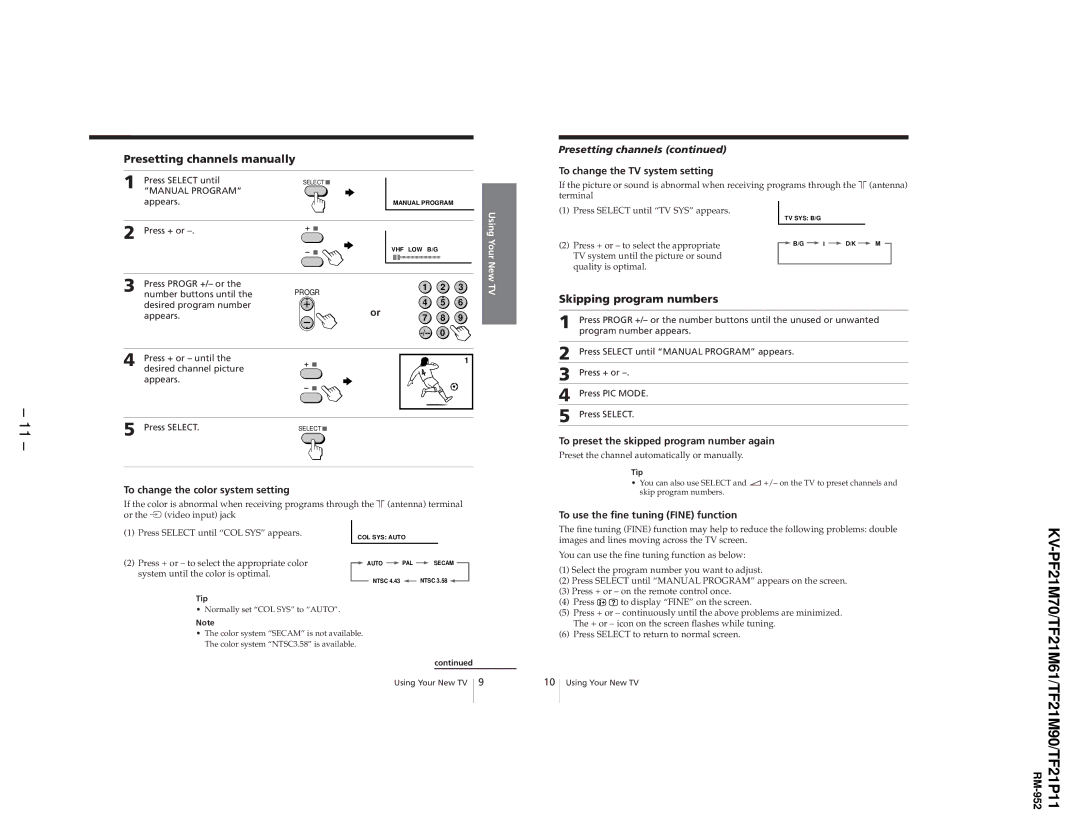 Sony KV-PF21M70, KV-TF21P11, KV-TF21M61 service manual Presetting channels manually, Skipping program numbers 