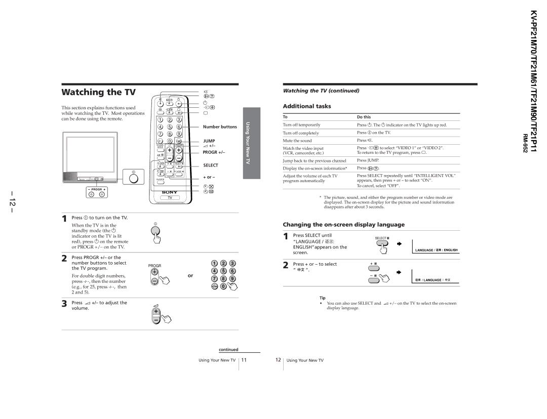 Sony KV-TF21P11, KV-TF21M61, KV-PF21M70 Watching the TV, Additional tasks, Changing the on-screen display language 