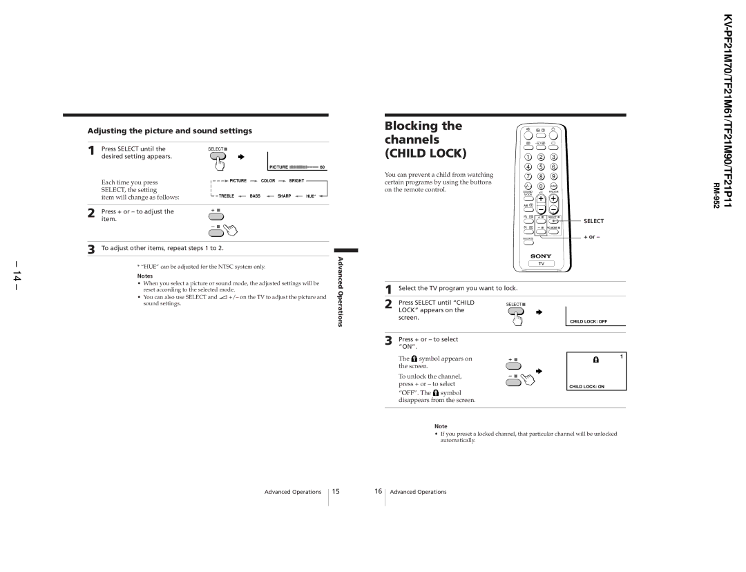 Sony KV-PF21M70, KV-TF21P11, KV-TF21M61 service manual Blocking the channels, Adjusting the picture and sound settings 