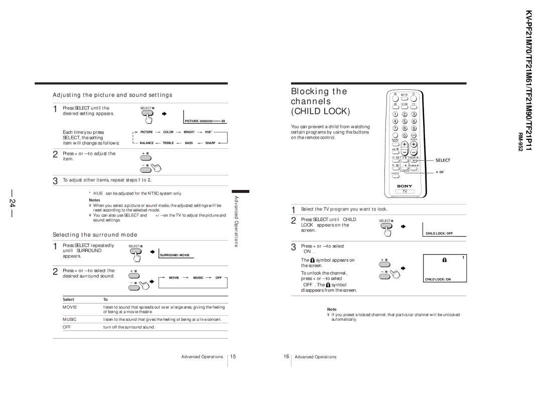 Sony KV-TF21P11, KV-TF21M61, KV-PF21M70 service manual Selecting the surround mode, Press Select repeatedly, Until Surround 