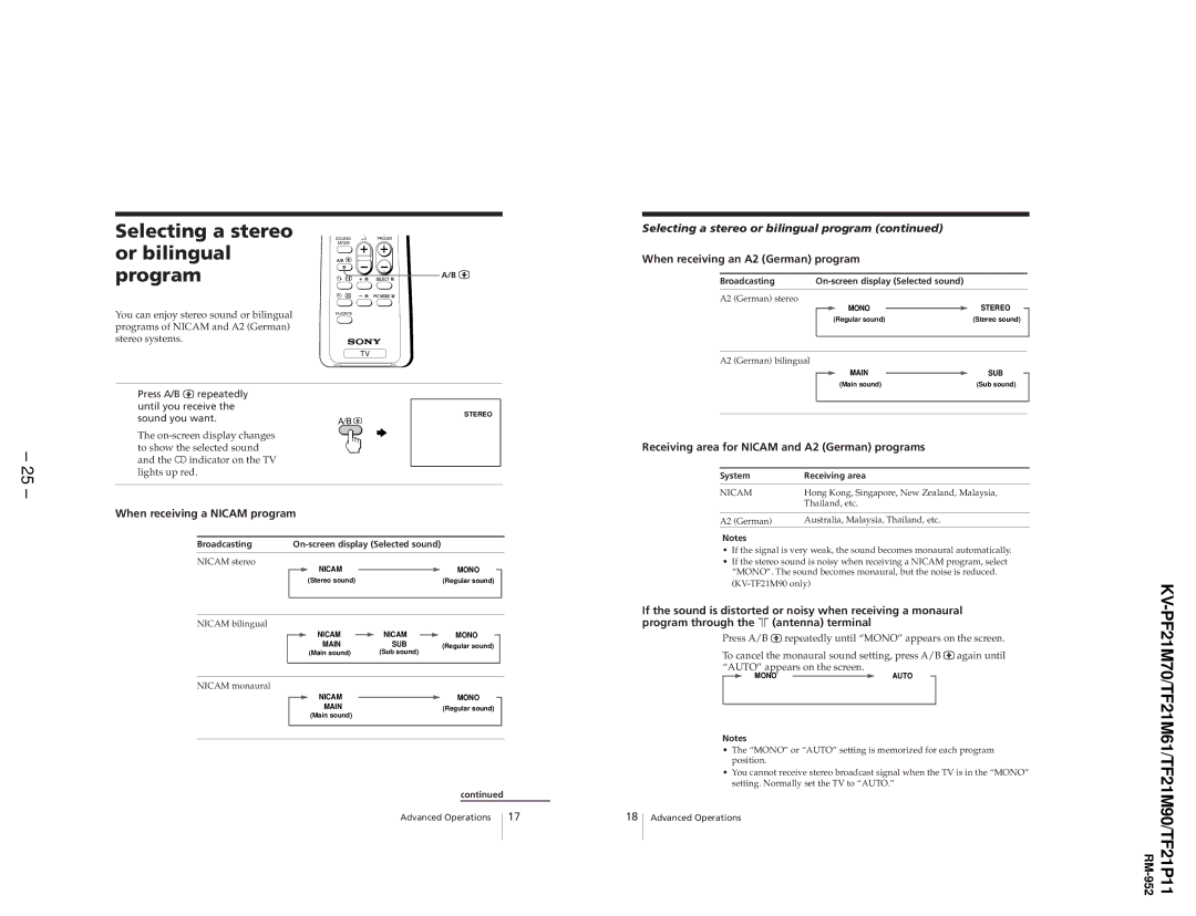 Sony KV-TF21M61 Selecting a stereo or bilingual program, Press A/B repeatedly until you receive the sound you want 