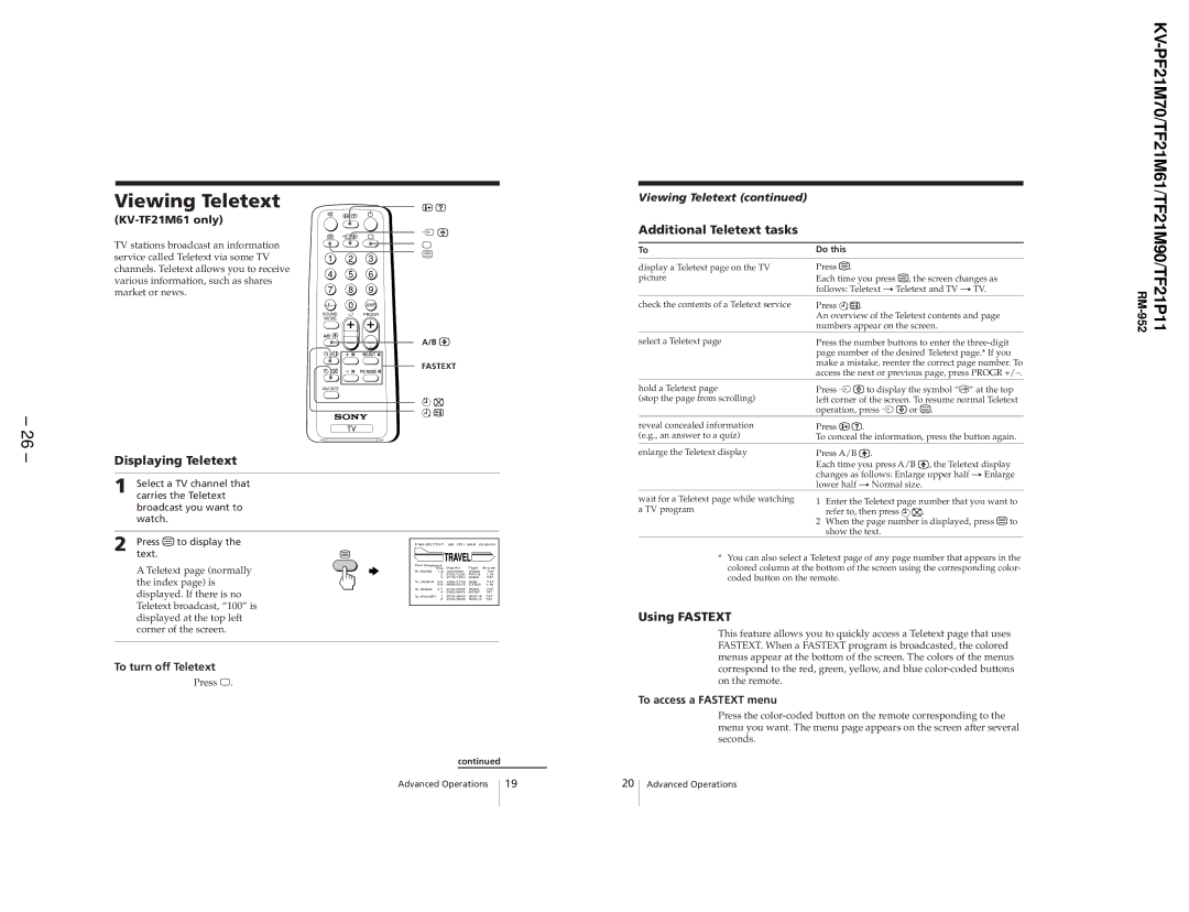 Sony KV-PF21M70, KV-TF21P11, KV-TF21M61 Viewing Teletext, Displaying Teletext, Additional Teletext tasks, Using Fastext 