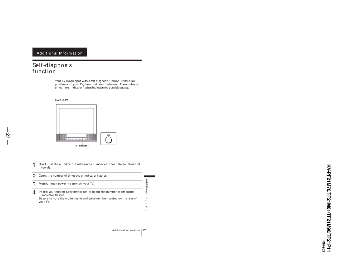 Sony KV-TF21P11, KV-TF21M61, KV-PF21M70 service manual Self-diagnosis function, Additional 