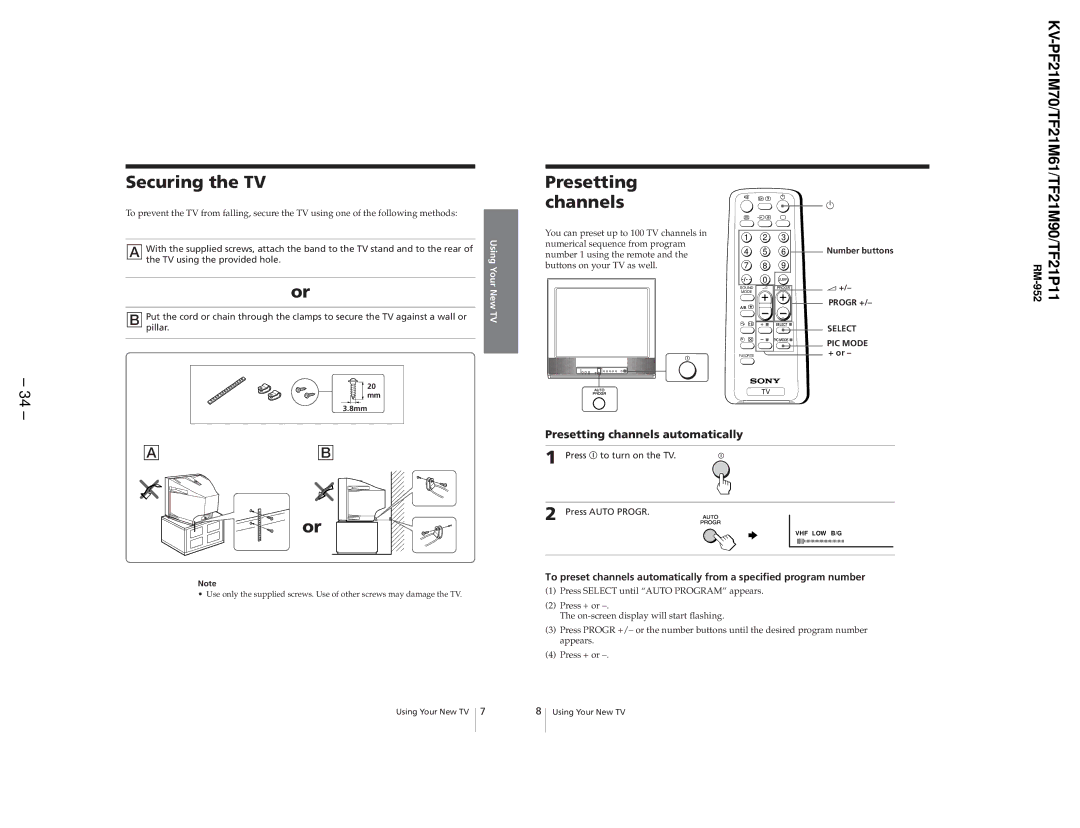 Sony KV-TF21M61, KV-TF21P11, KV-PF21M70 service manual Securing the TV 