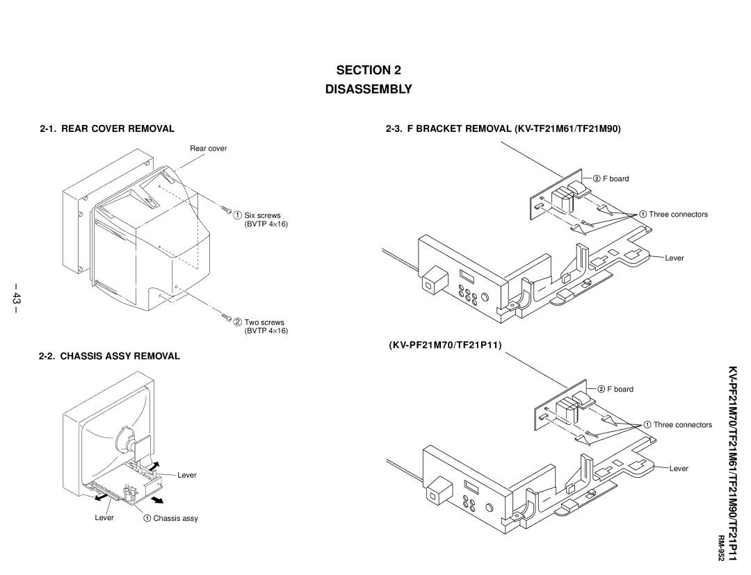 Sony KV-TF21P11, KV-PF21M70 service manual Rear Cover Removal, Chassis Assy Removal, Bracket Removal KV-TF21M61/TF21M90 