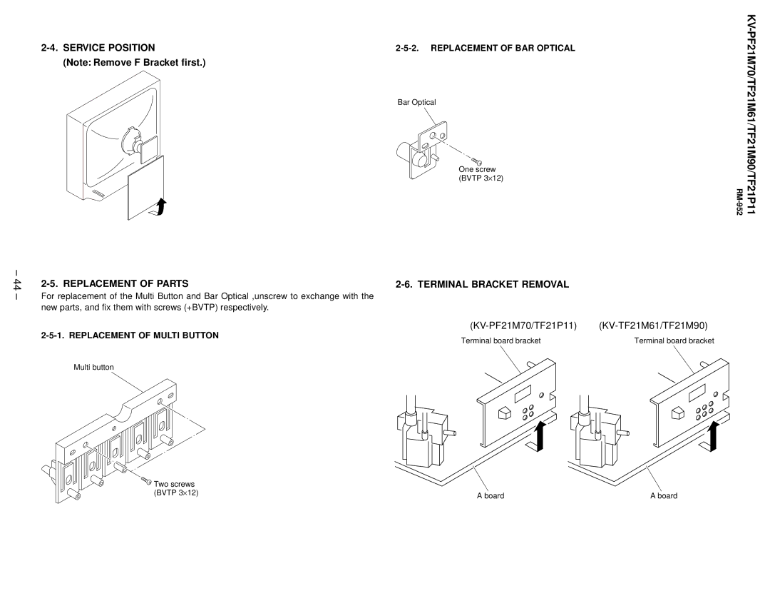 Sony KV-PF21M70, KV-TF21P11, KV-TF21M61 service manual Service Position, Replacement of Parts, Terminal Bracket Removal 