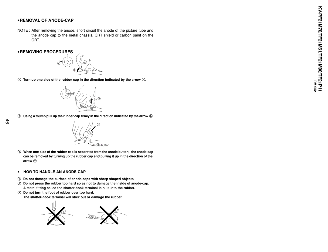 Sony KV-TF21M61, KV-TF21P11, KV-PF21M70 ∙ Removal of ANODE-CAP ∙ Removing Procedures, ∙ HOW to Handle AN ANODE-CAP 