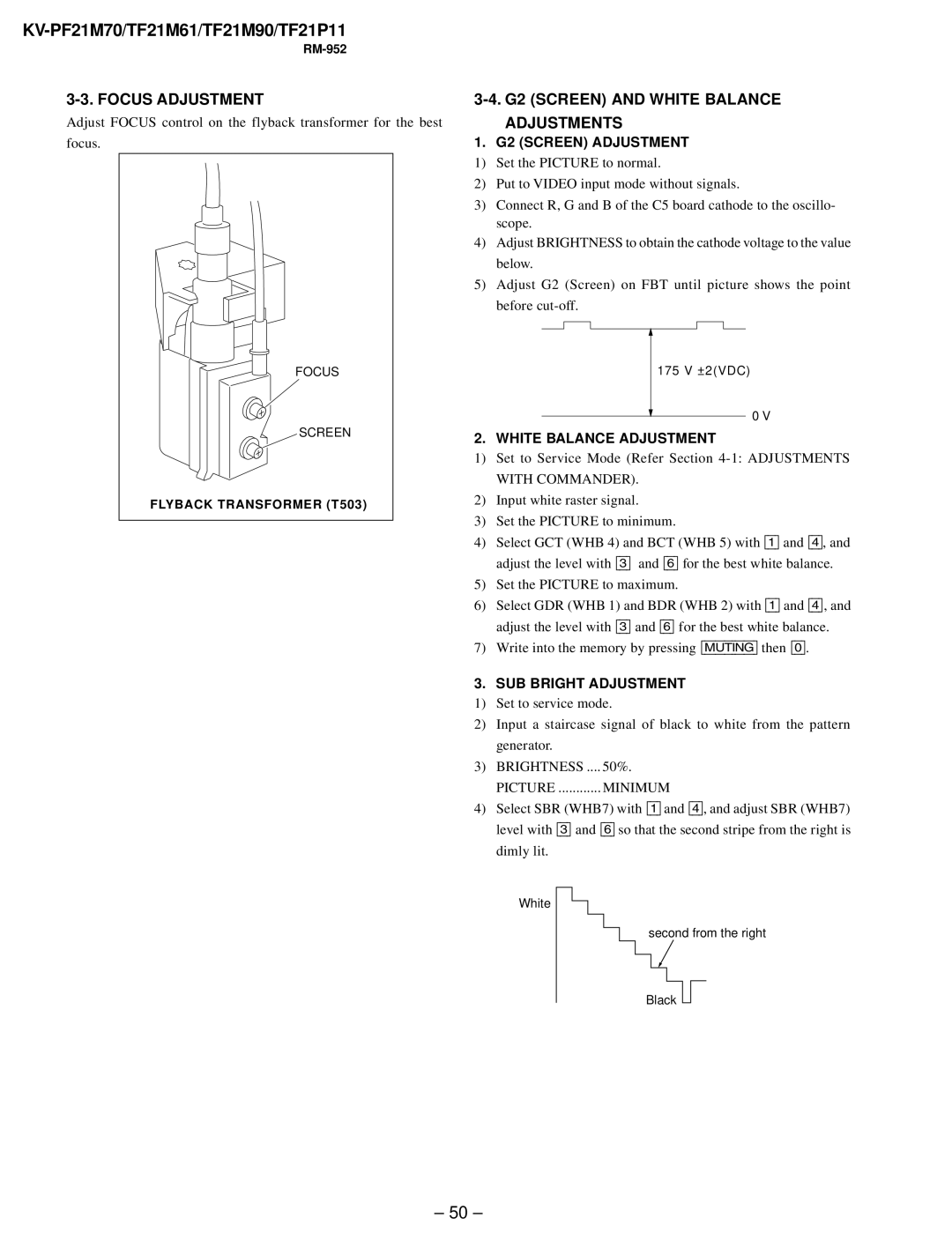 Sony KV-PF21M70, KV-TF21P11, KV-TF21M61 service manual Focus Adjustment, G2 Screen and White Balance Adjustments 