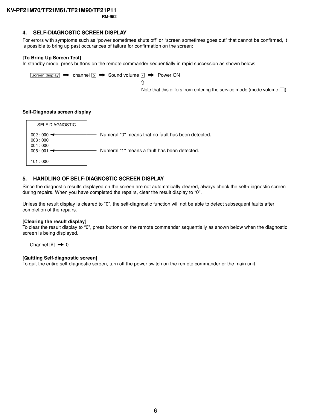 Sony KV-TF21P11, KV-TF21M61, KV-PF21M70 service manual Handling of SELF-DIAGNOSTIC Screen Display 