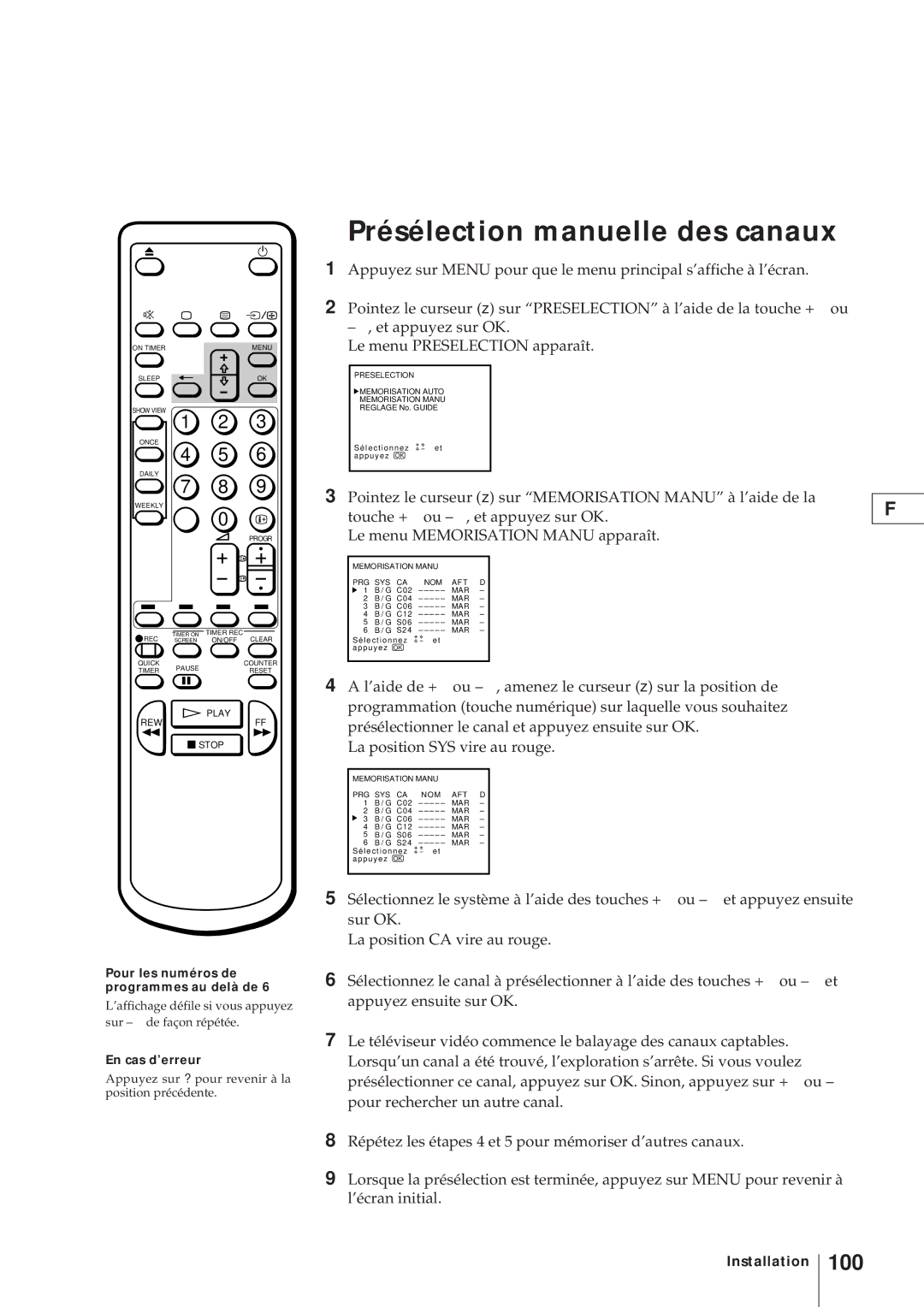 Sony KV-V2110D, KV-21V4D Présélection manuelle des canaux, 100, Pour les numéros de programmes au delà de, En cas d’erreur 