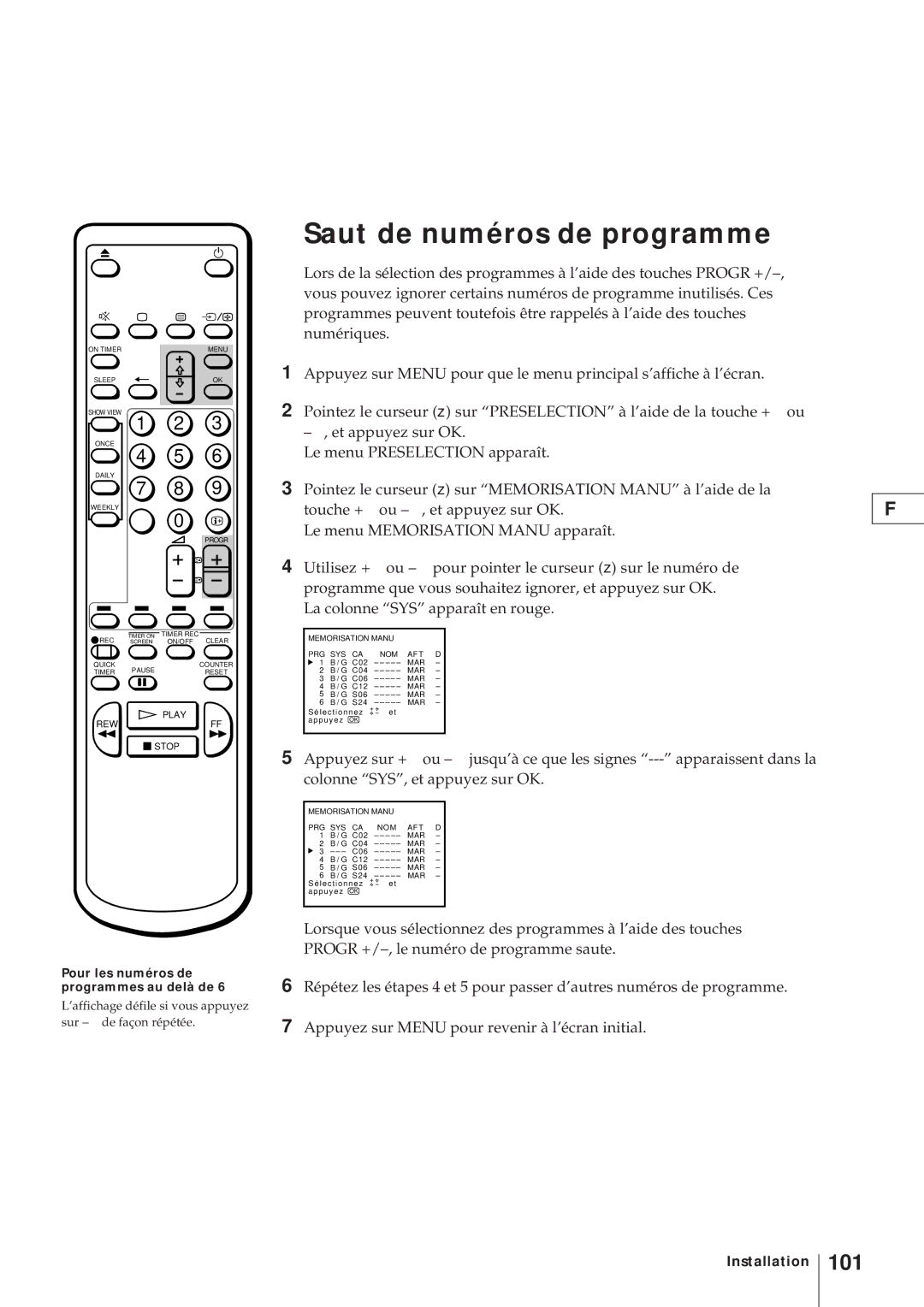 Sony KV-21V4D, KV-V2110D operating instructions Saut de numéros de programme, 101 