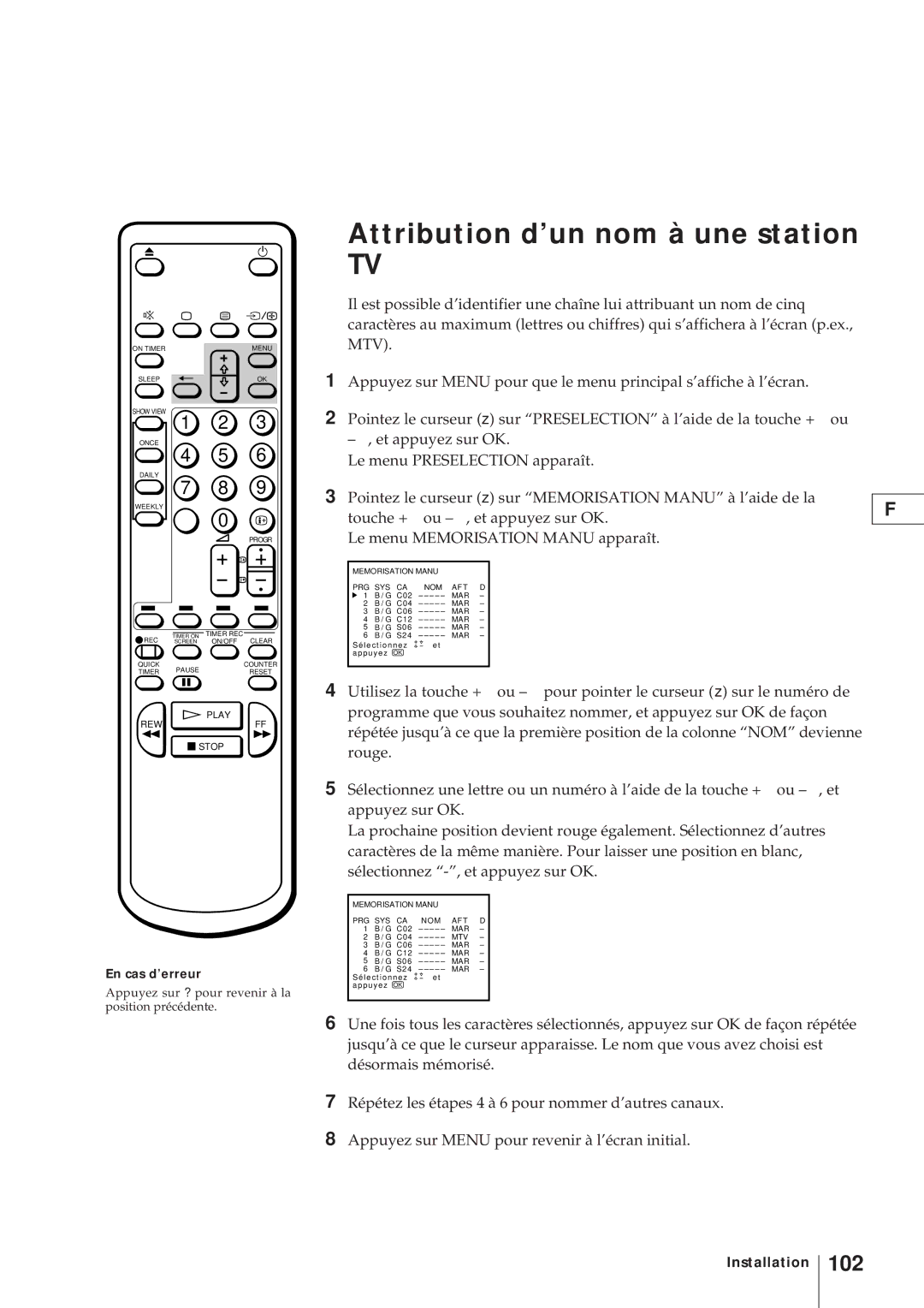 Sony KV-V2110D, KV-21V4D operating instructions Attribution d’un nom à une station, 102 