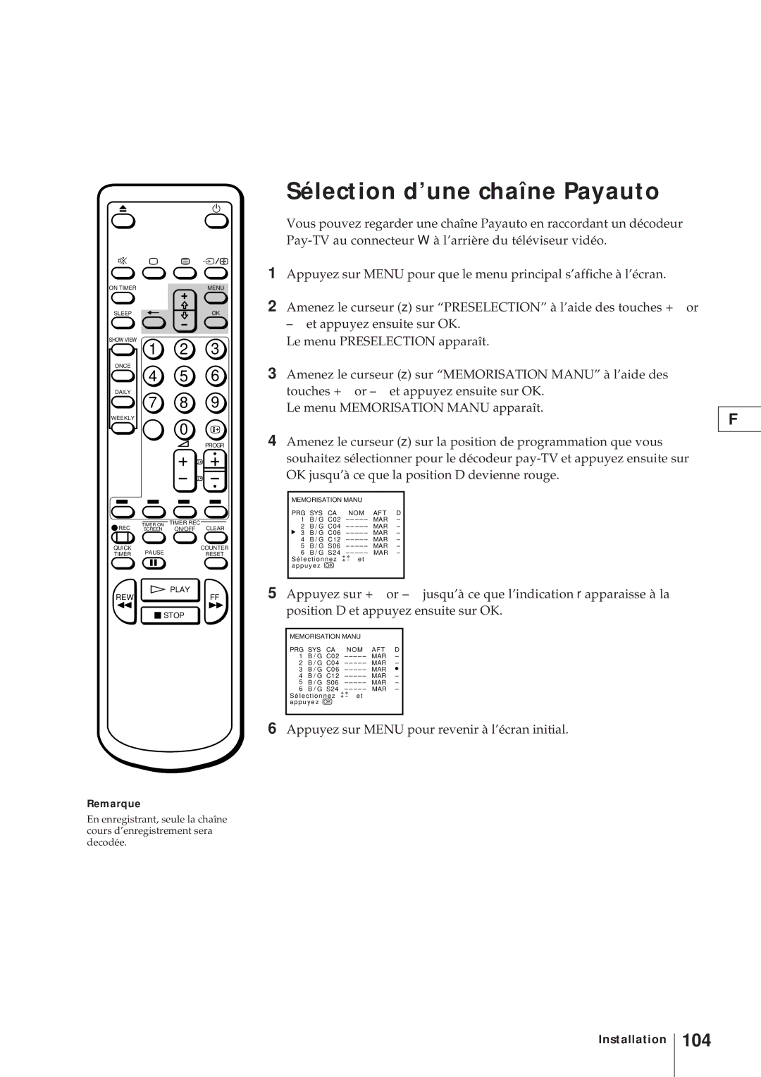 Sony KV-V2110D, KV-21V4D operating instructions Sélection d’une chaîne Payauto, 104, Remarque 