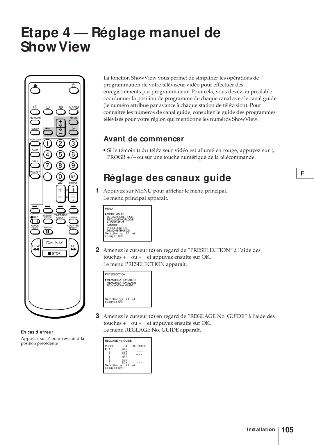 Sony KV-21V4D, KV-V2110D operating instructions Etape 4 Réglage manuel de ShowView, Réglage des canaux guide, 105 