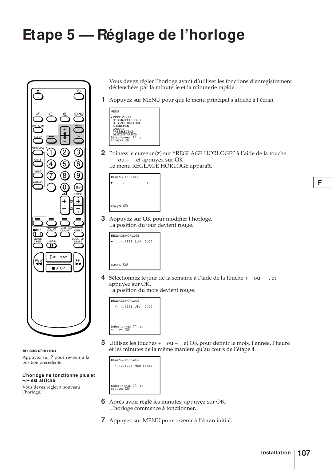 Sony KV-21V4D, KV-V2110D Etape 5 Réglage de l’horloge, 107, ’horloge ne fonctionne plus et --/-- est affiché 