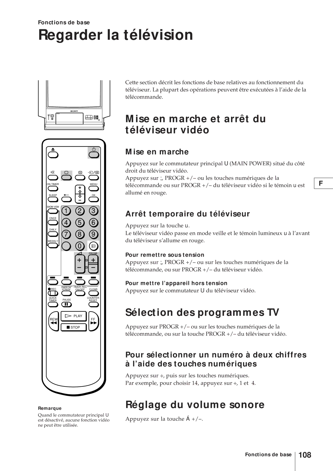 Sony KV-V2110D, KV-21V4D Regarder la télévision, Mise en marche et arrêt du téléviseur vidéo, Sélection des programmes TV 