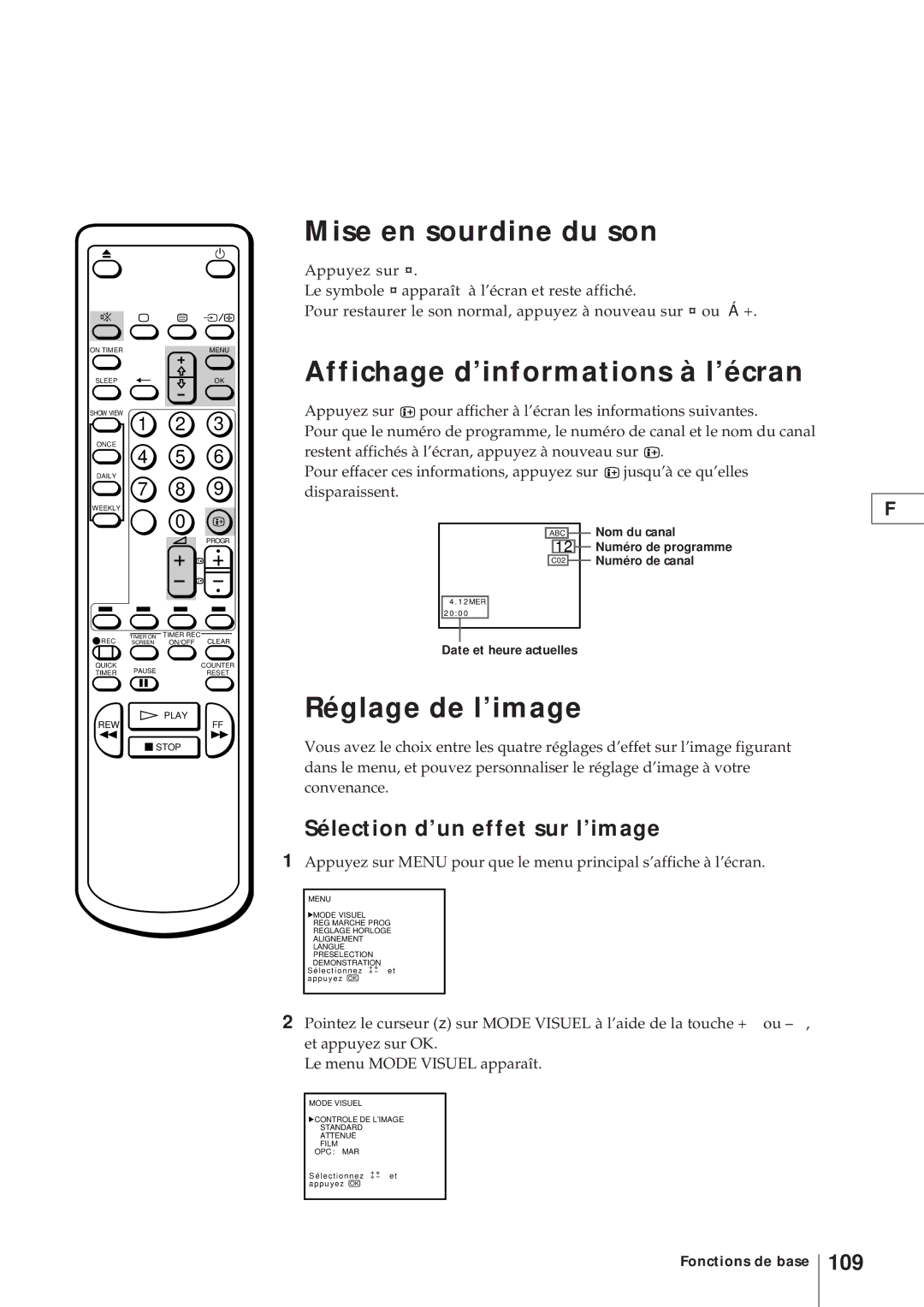 Sony KV-21V4D, KV-V2110D Mise en sourdine du son, Affichage d’informations à l’écran, Réglage de l’image, 109 