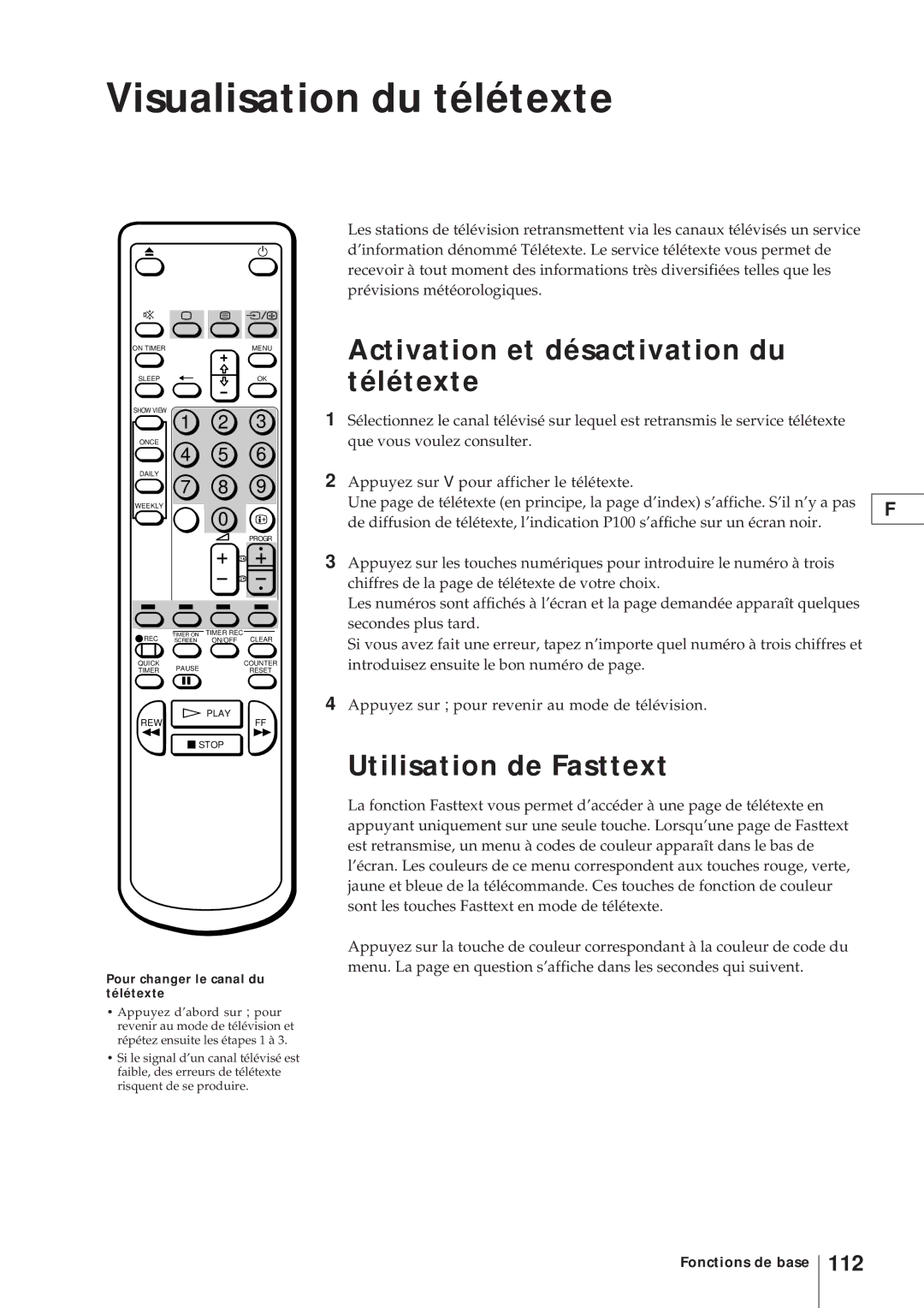 Sony KV-V2110D Visualisation du télétexte, Activation et désactivation du télétexte, Utilisation de Fasttext, 112 