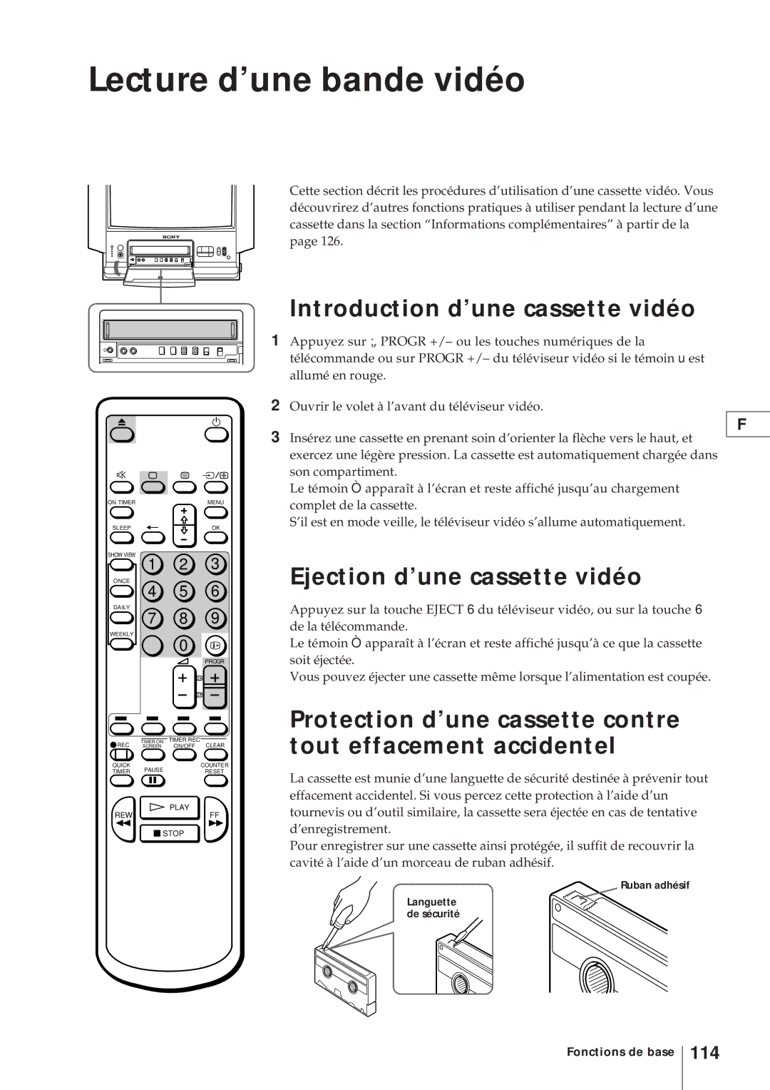 Sony KV-V2110D, KV-21V4D Lecture d’une bande vidéo, Introduction d’une cassette vidéo, Ejection d’une cassette vidéo, 114 