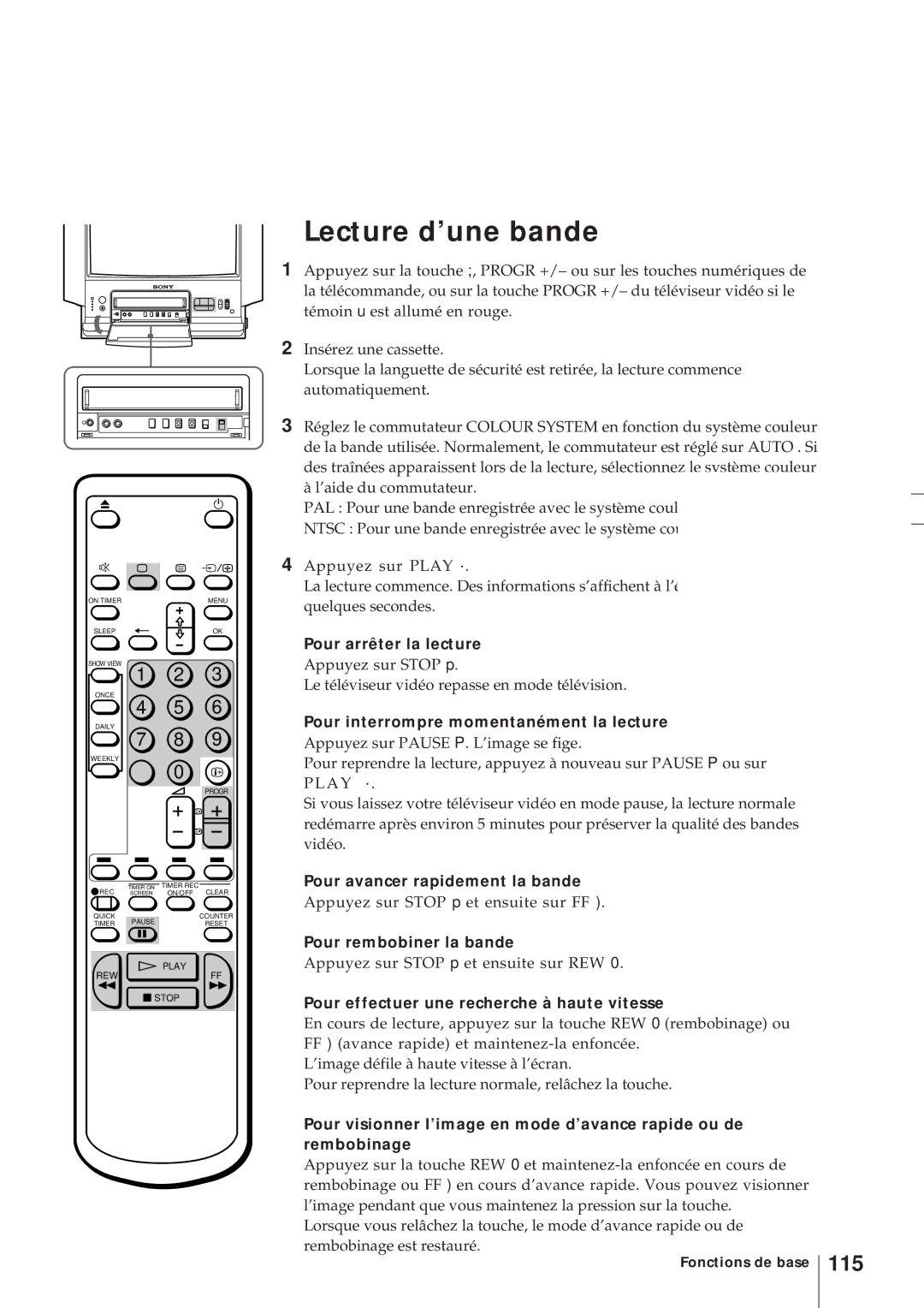 Sony KV-21V4D, KV-V2110D operating instructions Lecture d’une bande, 115 