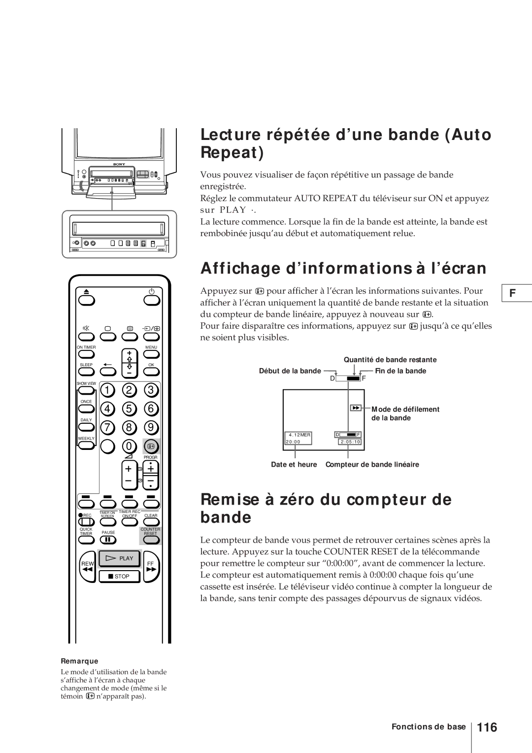 Sony KV-V2110D, KV-21V4D Lecture répétée d’une bande Auto Repeat, Remise à zéro du compteur de bande, 116 