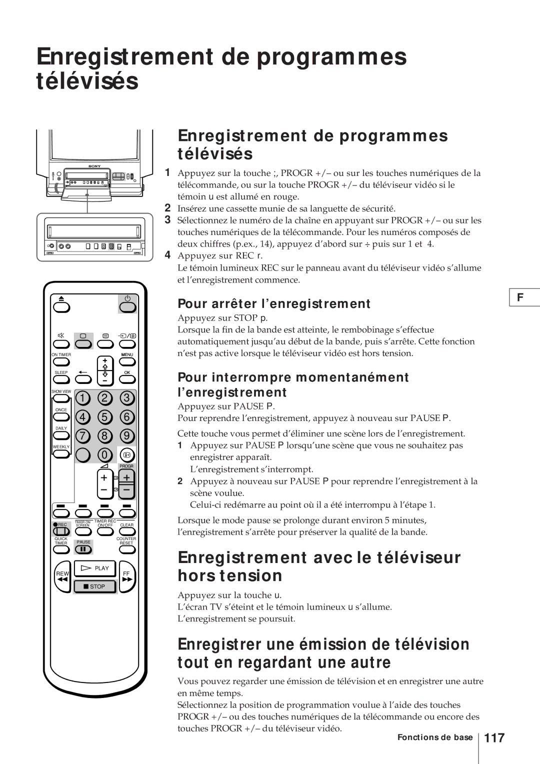 Sony KV-21V4D, KV-V2110D Enregistrement de programmes télévisés, Enregistrement avec le téléviseur hors tension 