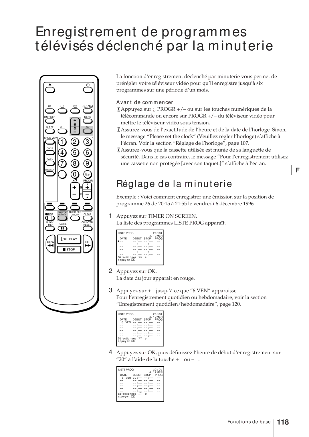 Sony KV-V2110D, KV-21V4D operating instructions Réglage de la minuterie, 118, Avant de commencer 