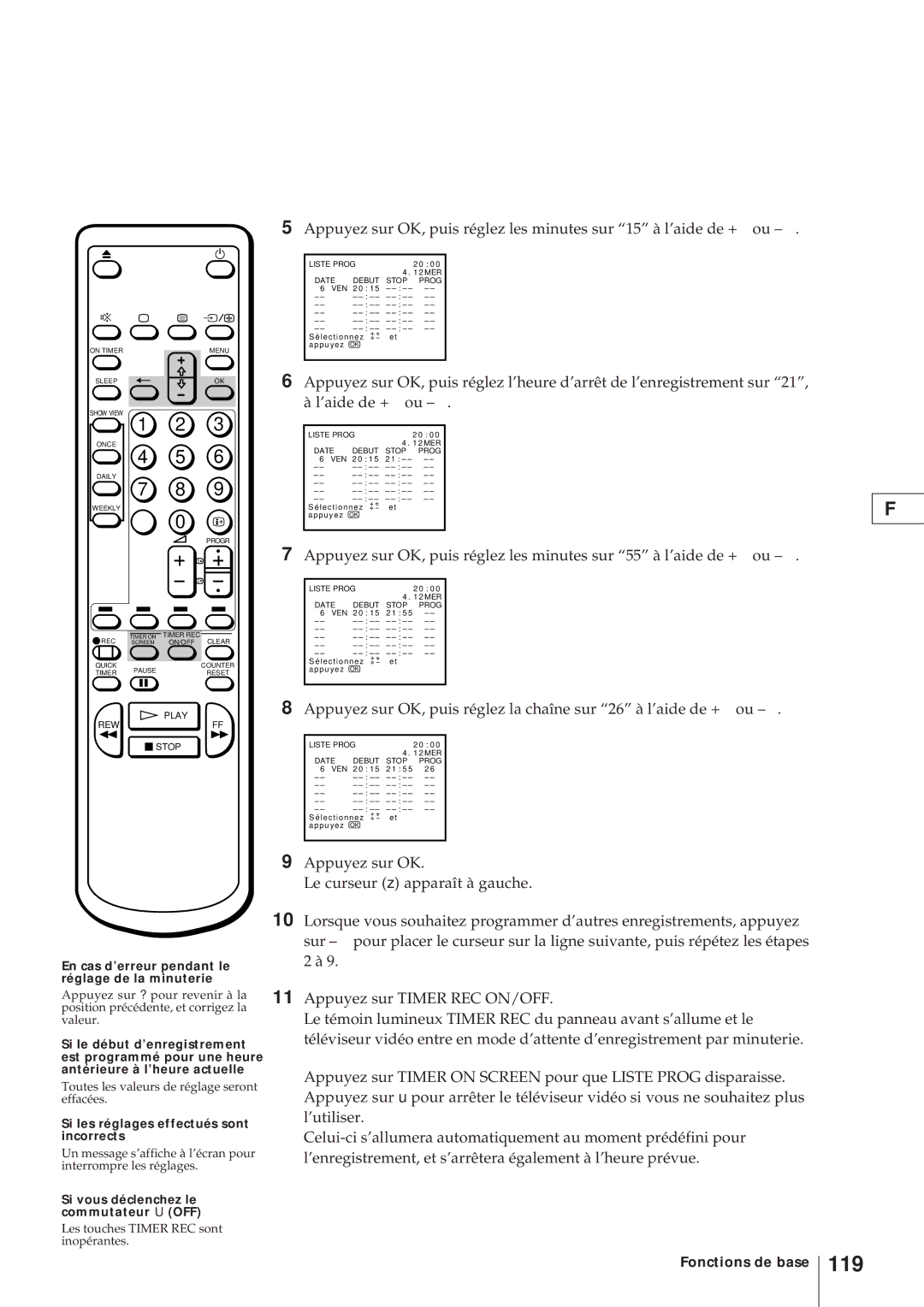 Sony KV-21V4D 119, En cas d’erreur pendant le réglage de la minuterie, Si les réglages effectués sont incorrects 