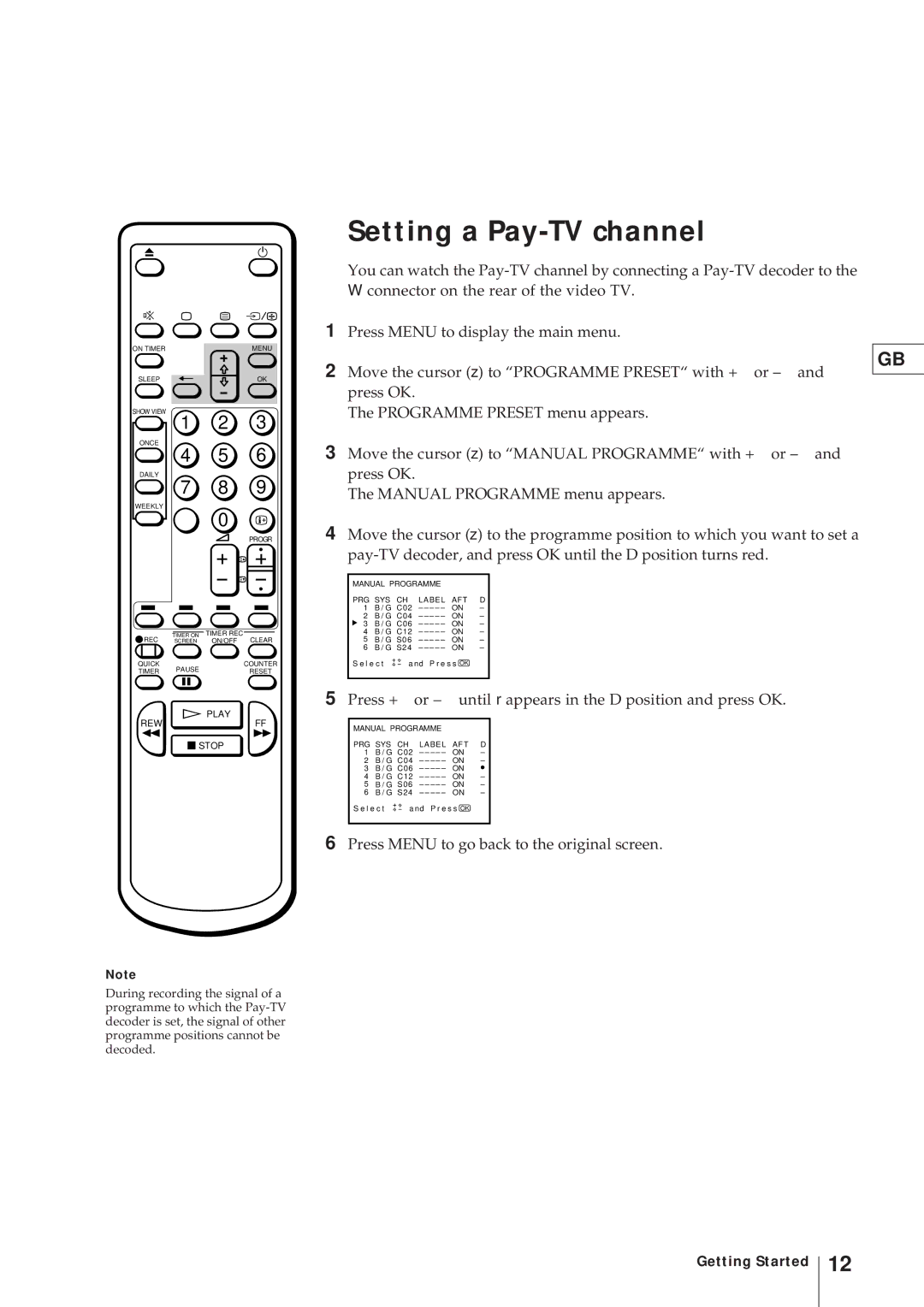 Sony KV-V2110D, KV-21V4D operating instructions Setting a Pay-TV channel 