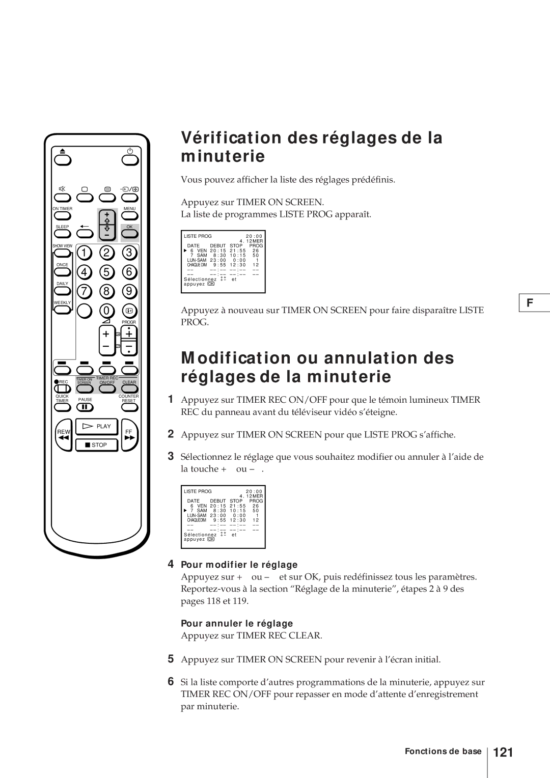 Sony KV-21V4D Vérification des réglages de la minuterie, Modification ou annulation des réglages de la minuterie, 121 