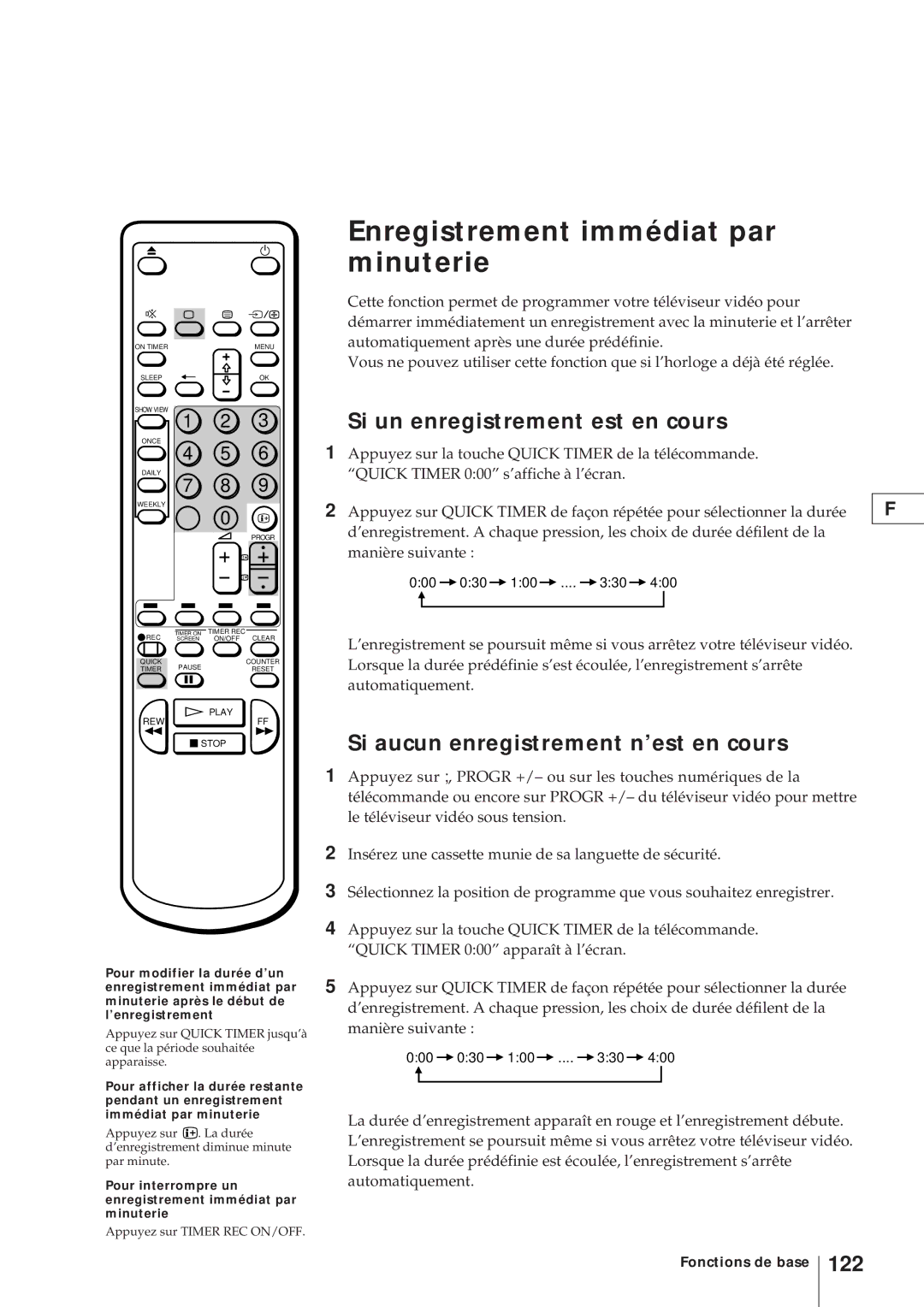 Sony KV-V2110D, KV-21V4D Enregistrement immédiat par minuterie, Si un enregistrement est en cours, 122 