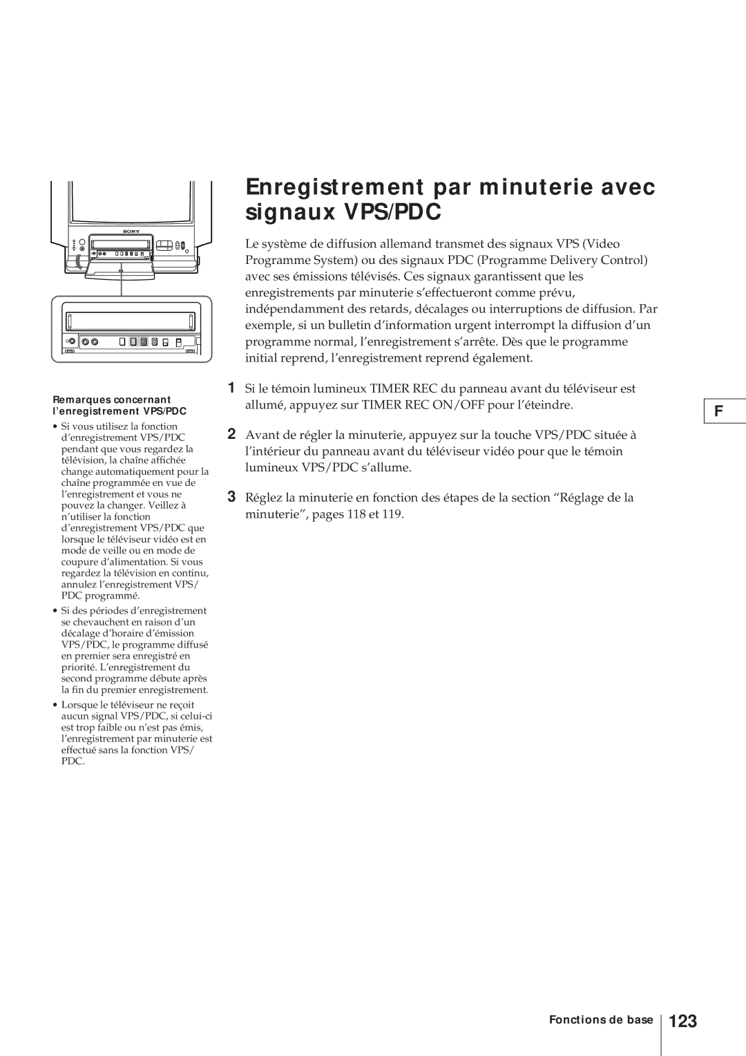 Sony KV-21V4D Enregistrement par minuterie avec signaux VPS/PDC, 123, Remarques concernant l’enregistrement VPS/PDC 