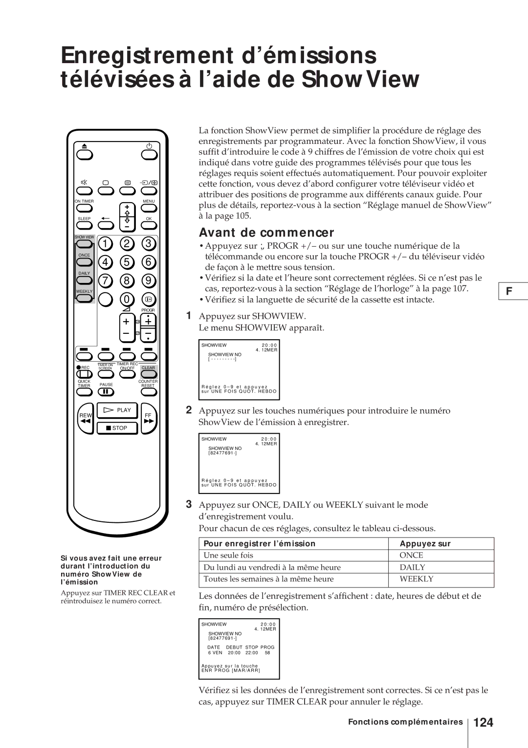 Sony KV-V2110D, KV-21V4D operating instructions Enregistrement d’émissions télévisées à l’aide de ShowView, 124 