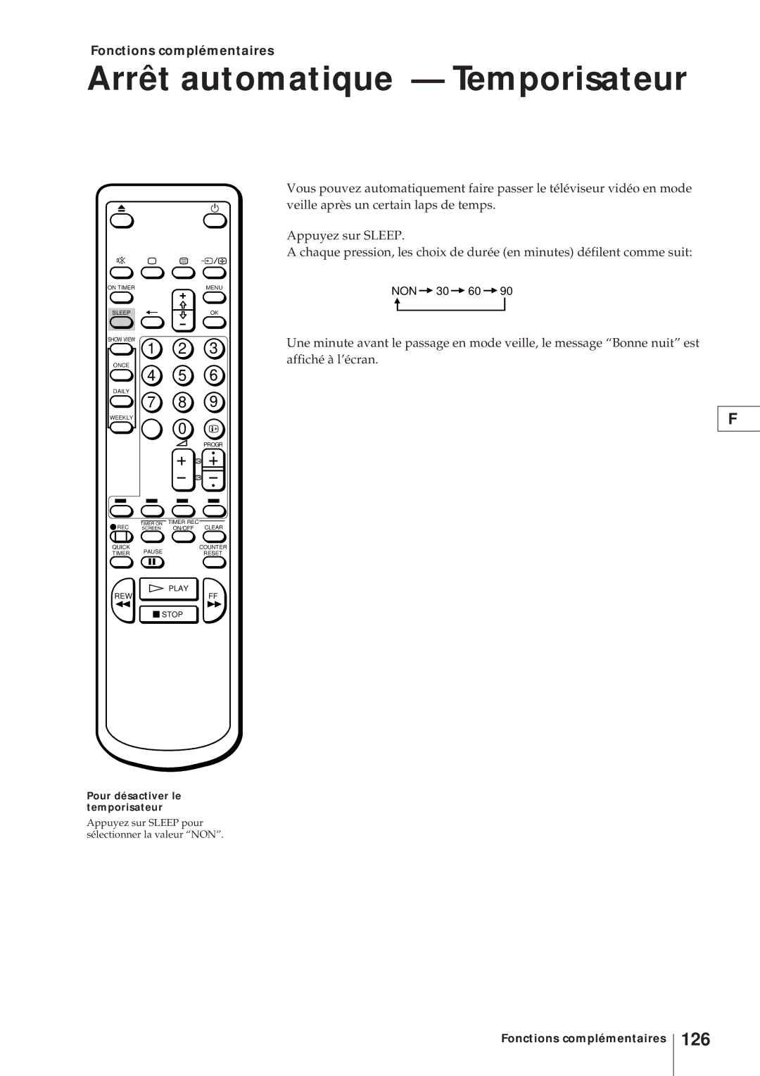 Sony KV-V2110D, KV-21V4D Arrêt automatique Temporisateur, 126, Fonctions complémentaires, Pour désactiver le temporisateur 